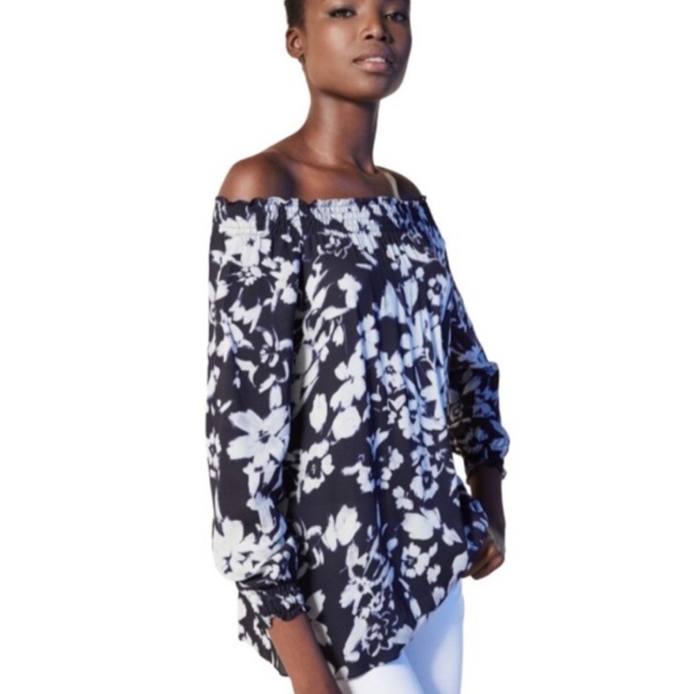Lafayette 148 Raelyn Sz Medium Off-the-Shoulder Navy Floral Blouse  Feminine